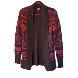 MASSIMO Open Front Sweater Cardigan Charcoal Gray With Pink Design
